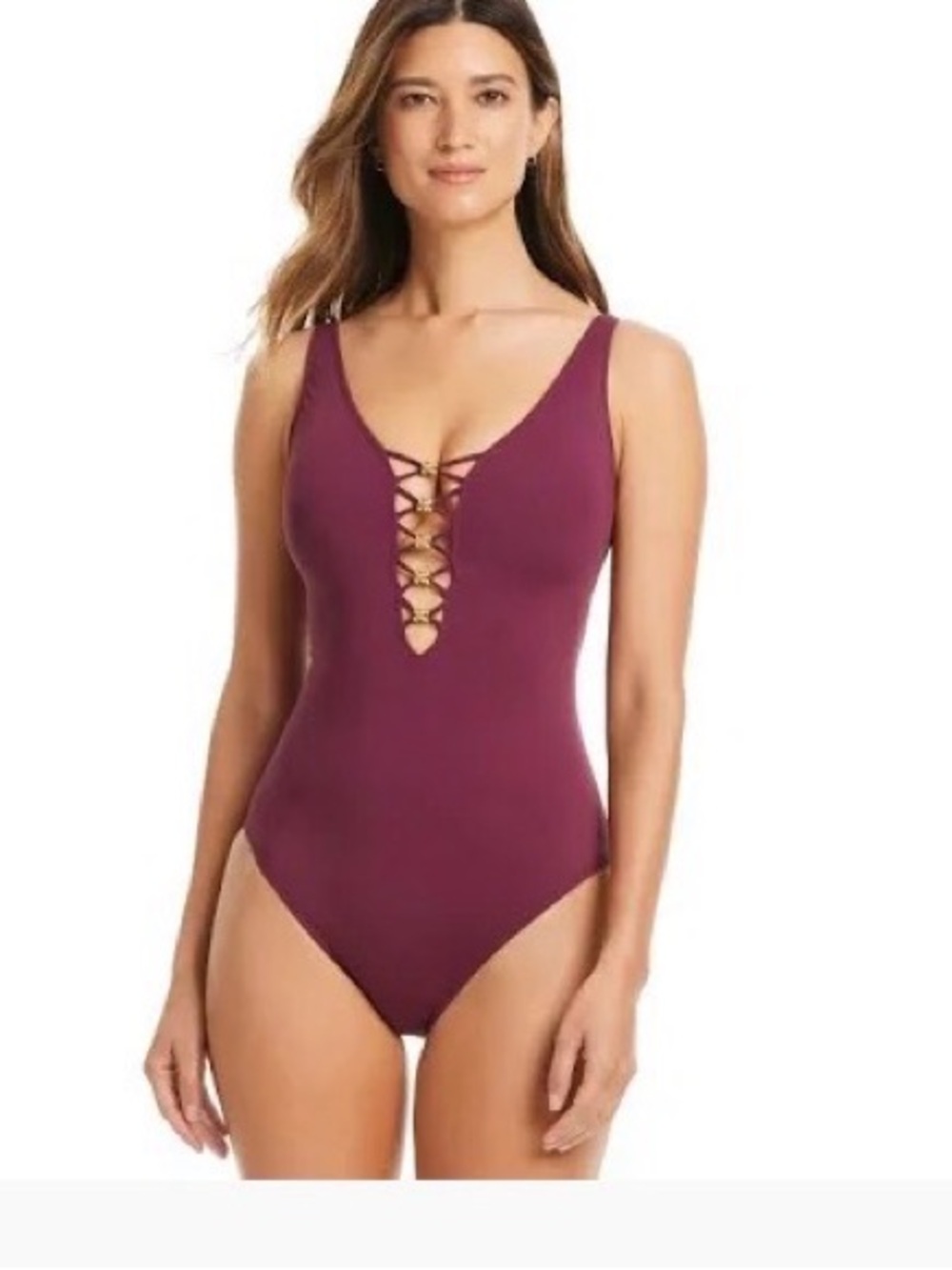 Women's Lace-Up One-Piece Swimsuit - Plum